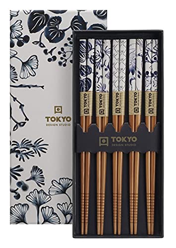 ToKYO Design - Flora Japonica Essstäbchen, Sushi-Stäbchen, Chopsticks aus Holz, 5-er Set, asiatische, japanische Motive, blau-weiß, 22,5 cm lang, inkl. Geschenke-Verpackung von ToKYO Design