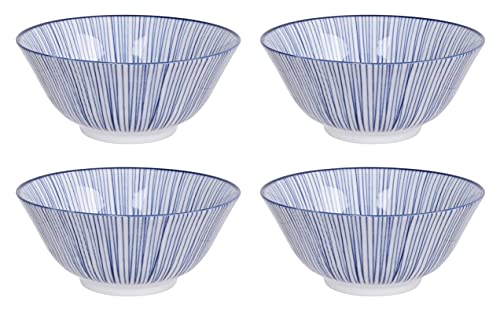 Tokyo Design – Nippon blue - Nudel Ramen Bowl / Müsli-Schalen blau-weiß, Ø 15 cm, ca. 500 ml, asiatisches Porzellan - Japanisches Design mit geometrischen Mustern (Lines-4er-Set) von ToKYO Design