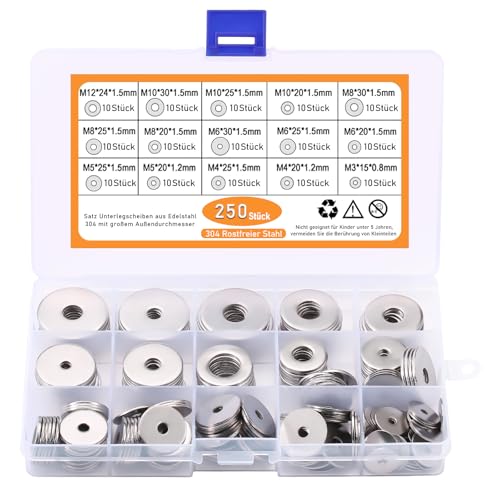 250-teiliges Edelstahl Unterlegscheiben Sortiment 15 Größen M3 M4 M5 M6 M8 M10 M12 Flachscheiben für Schrauben Muttern und Bolzen Langlebig Rostfrei Vielseitiges Hardware Set 250-teiliges Edelstahl Unterlegscheiben Sortiment 15 Größen M3 M4 M5 M6 M8 M10 M12 Flachscheiben für Schrauben Muttern und Bolzen Langlebig Rostfrei Vielseitiges Hardware Set von ToKinCen