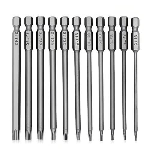 TOKINCEN 11 Stück Torx Lang Schraubendreher Bit Set 1/4" Magnetisch Sternenkopf Schraubenziehe Set T6-T40 100mm Lang Sechskant Schaft Elektrische Torx Bits Satz Werkzeuge von ToKinCen