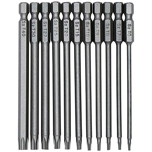 ToKinCen 11 Stück Torx lang Schraubendreher Bit Set 1/4" 100mm Lang Magnetisch Sternenkopf Schraubenziehe Set T6-T40 Sechskant Schaft Elektrische Torx Bits Satz Schraubendreher Werkzeuge von ToKinCen