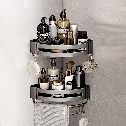 ToKinCen Duschablage ohne Bohren, 2 Stück Duschregal Halterung für Shampoo und Duschgel, Badezimmer Regal Dusche Organizer Mit 8 abnehmbaren Haken und Handtuchhalter (dreieckiger Korb) von ToKinCen