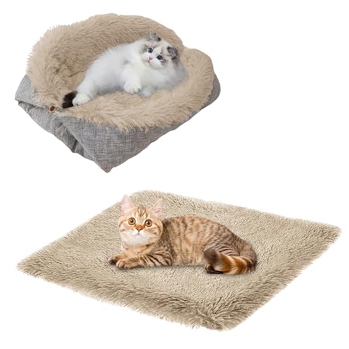 ToKinCen Katzenbett Haustierbett für Katzen kleine Hund Waschbare 2 in 1 Katzenbett Plüsch Weich Schlafen KatzenbettHundebett Katzensofa Flauschiges Matte Katzendecke (Braun) von ToKinCen