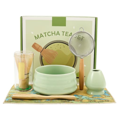 6 Teiliges Matcha set Keramik Matcha Besen set mit Geschirrtuch, Sieb, Holzlöffel, Teeständer Kratzfest Verschleißfest Elegant Raffiniert Teezubehör für Anfänger Enthusiasten (Grün) von Toaboa