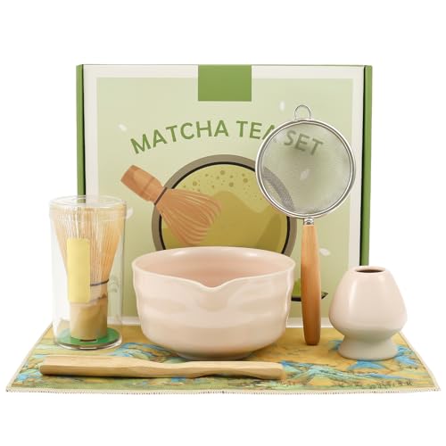 6 Teiliges Matcha set Keramik Matcha Besen set mit Geschirrtuch, Sieb, Holzlöffel, Teeständer Kratzfest Verschleißfest Elegant Raffiniert Teezubehör für Anfänger Enthusiasten (Rosa) von Toaboa