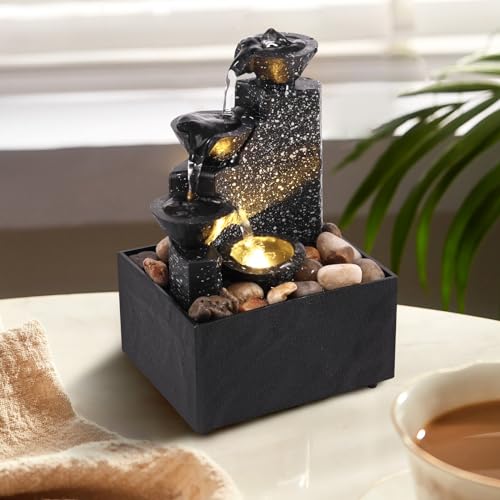 Tischbrunnen Zimmerbrunnen Wasserfall mit Sanften Lichtern 17X11X 9 cm Meditationsbrunnen mit Steinen Dekorative Kreative Fließende Wasserornamente Ideal für Dekorative Meditation und Entspannung von Toaboa