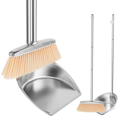 Toaboa Kehrschaufel Set mit Langem Stiel 118cm Edelstahl Besen und Kehrschaufel Set Einstellbar Besen Set für Zuhause Küche Büro Straße (Rund) von Toaboa