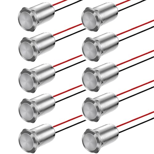 10 Stück 12mm Taster Wasserdicht 12V/24V, Momentaner Druckschalter Metall mit Draht, Edelstahl Tastschalter Runde Mini Drucktaster Taster Hoher Kopf für Klingel Hupen Auto von Toaluea