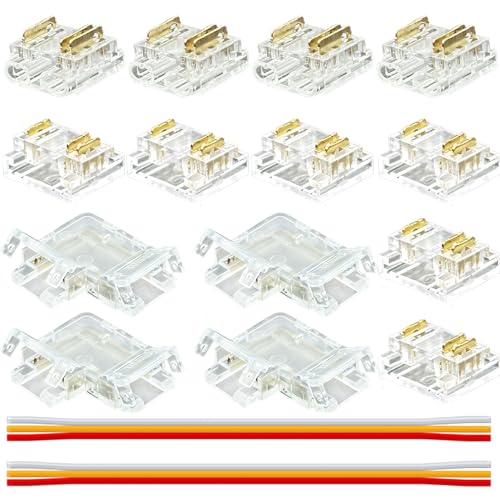 16pcs COB 3pin 10mm LED Streifen Verbinder Kit, 10pcs Transparent Connector 4pcs L-Shaped Eckverbinder 2pcs 15cm Langes 22AWG Verlängerungskabel für Spaltfreies Löten Strip Eckverbindung von Toaluea