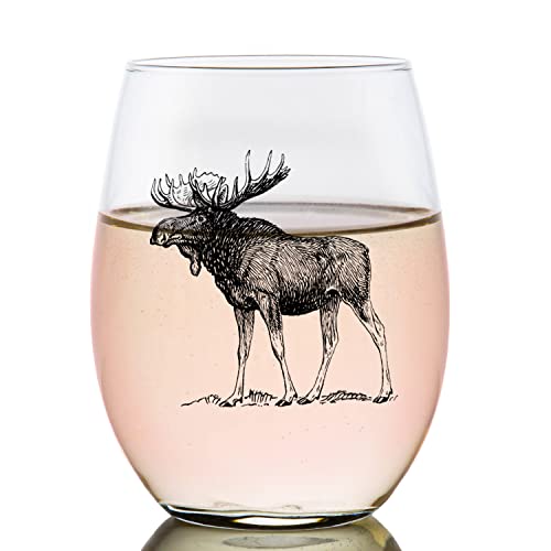 Toasted Tales Weinglas, Motiv: Elch Lake and Lodge, 473 ml, saisonales Outdoor-Heimdekor-Accessoire, Glaswaren, Waldtier-Design, Weinverkostungsgeschenk für Sie von Toasted Tales