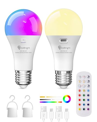 TobeBright USB Aufladbare Glühbirne Mit Fernbedienung,E27 Akku Glühbirnen,RGB Farbwechsel Glühbirne Mit Batterie,9+3 Farbtemperatur,Dimmbare Glühbirne Ohne Strom Mit Timing Funktion,2 Pack von TobeBright