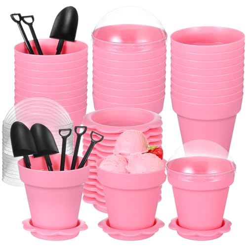 50 Sets Blumentopf-Dessertbecher mit Deckel, Schaufel, Bodenschale – kleiner Blumentopf, Tassen, Kuchenbecher, Eiscreme, Mousse, Eis- und Joghurtbehälter, DIY (Rosa) von Tobeelec