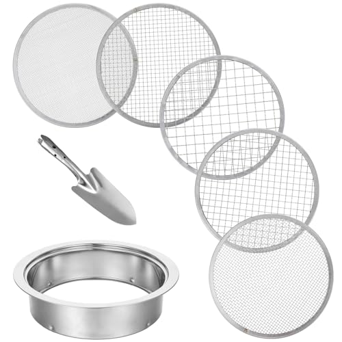 7-teiliges Bodensieb-Set aus Edelstahl, Rätselsieb-Set für die Gartenarbeit mit 5 Größen, 19,5 cm Durchmesser, 1/3/6/9/12 mm austauschbare Maschen – Gartensiebe mit Schaufel – Pflanzerdensiebe von Tobeelec
