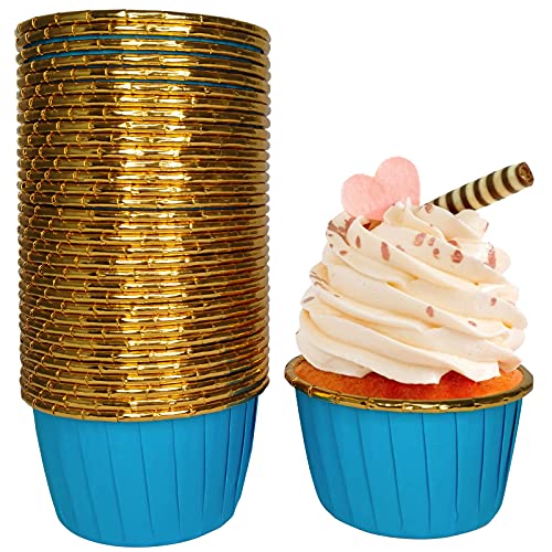 Frepea 50 Stücke Cupcake Formen Papier Muffinform Papier Antihaftbeschichtet Einweg-Backbecher für Halloween Geburtstage Hochzeiten Partys (Blau-Gold) von Frepea
