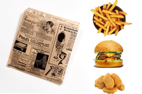 Tocnvoe - 200 Stück Hamburger Papiertüte, 19X17 cm, Braun Zeitungsmuster, Fettdichtes Lebensmittelpapier, Langlebig, Feuchtigkeits und Fettbeständig, Papiertüte für Sandwiches, Burger, Snacks von Tocnvoe