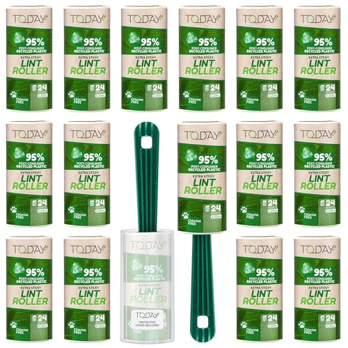 Today - Fusselrolle 16 Rollen mit 2 Abroller 95% recyceltes Material - 24 Lagen Lagen Fusselrolle Tierhaare Easy-Peel - Geeignet für Haare, Staub, Kleidung, Tierhare von Today