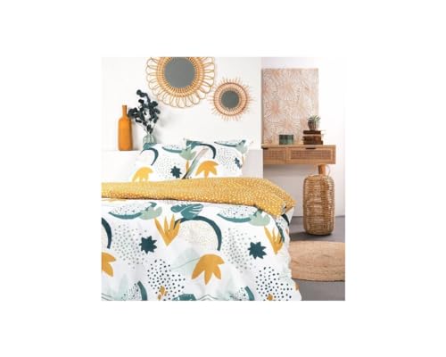 TODAY Bettwäsche für Doppelbett, Bedruckt, Blätter und Punkte, Sunshine, Mehrfarbig, 220 x 240 cm von Today