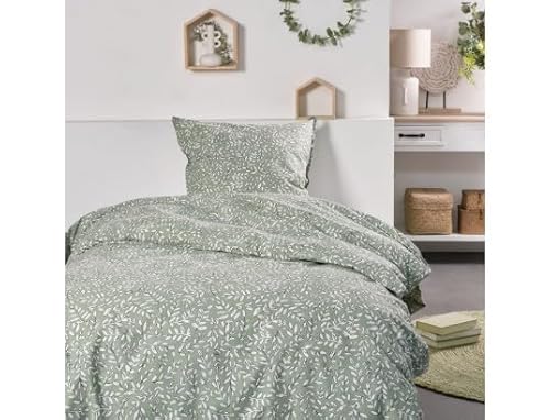 TODAY Sunshine Bettwäsche für Einzelbett, Baumwolle, Bedruckt mit kleinen Blättern, Grün, 140 x 200 cm von Today