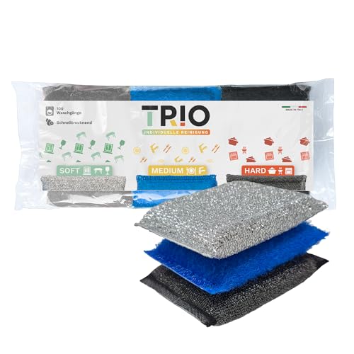 Trio – Set aus 3 Schwämmen (Weich - Mittel - Hart) für alle Oberflächen – Waschbar & langlebig – Für empfindliche, mittlere & Harte Flächen (Geschirr, Töpfe, Fliesen) – Made in Italy von Today