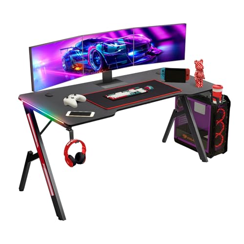 Todeco 160 x 60cm Gaming Tisch mit LED, Gaming Schreibtisch, PC Tisch Gaming mit Kohlefaseroberfläche, mit Kopfhörerhaken Getränkehalter Mauspad, Ergonomischer PC Gaming Tisch von Todeco