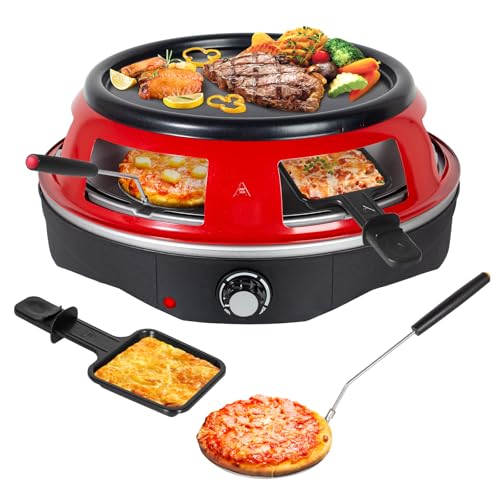 Todeco 3-in-1 Elektrischer Pizzaofen mit 6 Pizzaschaufeln, 6 Käsepfanne, Grillplatte, 1200 Watt, Pizzabackofen für 6 Personen, für Mini-Pizza in Ø 10cm, Grillen und Pfannkuchen, Rot von Todeco
