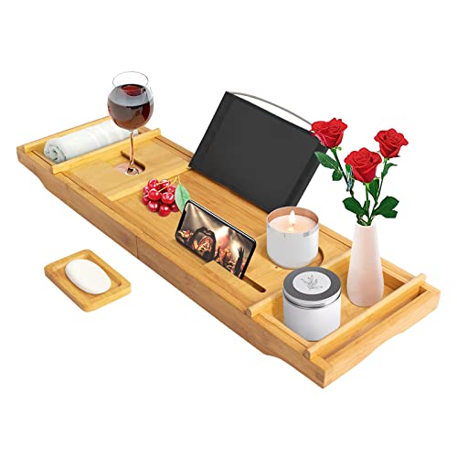 Todeco - Badewannenablage, Badewannenbrett - Material: Bambus - Größe: 109 x 23 x 3,8 cm - Mit 2 abnehmbaren Haltern und Seifenhalter, schwarzes Tuch von Todeco