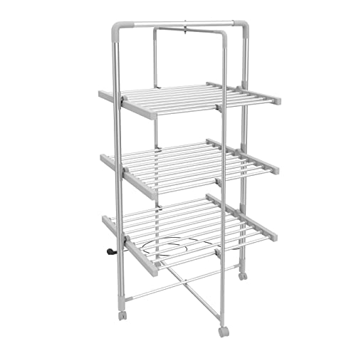 Todeco - Elektrischer Wäscheständer, Klappbare Wäscheleine für Drinnen - Klappmaß: 143 x 72 x 9 cm - Material: Aluminiumlegierung - 3 Ablagen, Weiß, with Wheels von Todeco