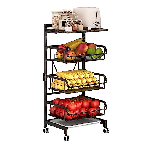 Todeco Gemüseregal für Küche, Stapelbarer Obstkorb Gemüse, Multipurpose Mobile Metal Storage Trolley, Aufbewahrungswagen KüchenWagen Mit Abschließbare Rollen Und von Todeco