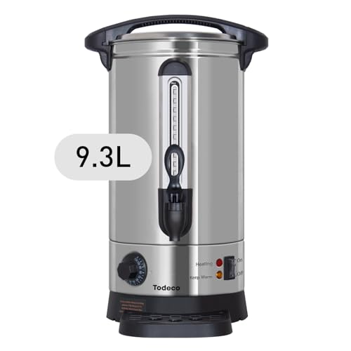 Todeco Glühweinkocher 9,3L, 1500W Heißwasserspender aus Edelstahl mit Auffangschale, Zapfhahn, Thermostat, Wasserstandsanzeige, Temperatureinstellung 30-110°C Heißgetränkeautomat von Todeco