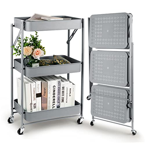 Todeco Klappbarer Rollwagen mit 3 Ebenen, Servierwagen, Küchenwagen aus Metall und Kunststoff, Keine Montage, 46 x 29 x 78 cm, für Bad, Küche (Gray) von Todeco