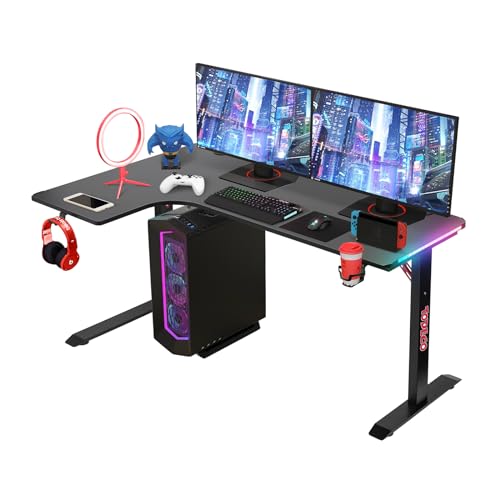 Todeco L-förmiger Gaming-Computertisch mit LED-Leuchten, Eckschreibtisch 140 x 100cm Gaming Schreibtisch, PC Tisch Gaming mit Kohlefaseroberfläche, mit Kopfhörerhaken Getränkehalter von Todeco