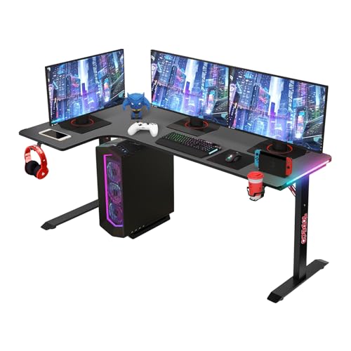 Todeco L-förmiger Gaming-Computertisch mit LED-Leuchten, Eckschreibtisch 160 x 100cm Gaming Schreibtisch, PC Tisch Gaming mit Kohlefaseroberfläche, mit Kopfhörerhaken Getränkehalter von Todeco