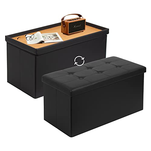 Todeco Sitzbank mit Stauraum Sitztruhe, Aufbewahrungstruhe mit 2 in 1 Deckel, Fußhocker faltbar aus Kunstleder, Sitzhocker 80 Liter für Wohnzimmer Essenzimmer Schlafzimmer, Schwarz von Todeco