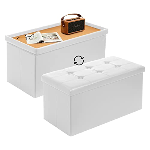 Todeco Sitzbank mit Stauraum Sitztruhe, Aufbewahrungstruhe mit 2 in 1 Deckel, Fußhocker faltbar aus Kunstleder, Sitzhocker 80 Liter für Wohnzimmer Essenzimmer Schlafzimmer, Weiß von Todeco