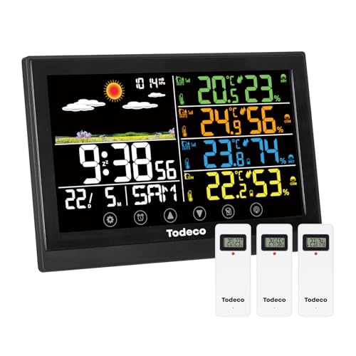 Todeco Wetterstation Funk mit 3 Außensensor - Groß Farbdisplay, Innen Aussen Digital Thermometer,Hydrometer Feuchtigkeit, Wettervorhersage, Luftdurckanzeige, DCF Empfangssignal Funkuhr von Todeco