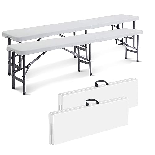 Todeco klappbarer Gartenbank 2er Set 183 x 43 x 30 cm, Bierbank Metall, Partybank für Camping BBQ Party Buffet Hochzeit, Weiß von Todeco