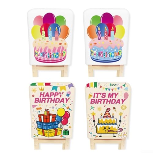 Happy Birthday Stuhlhussen, 4er-Set, waschbar, wiederverwendbar, Polyester, mit bunten Kuchen und Luftballons, für Klassenzimmer, Schule oder Heim-Party-Dekorationen von Todikaper