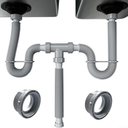 Verstellbares Doppelspülen-Ablauf-Set, flexibler P-Trapper, 3,8 cm und 3,8 cm Rohre, ausziehbar, 20–80 cm, grauer Kunststoff, Sanitär-Set von Todikaper