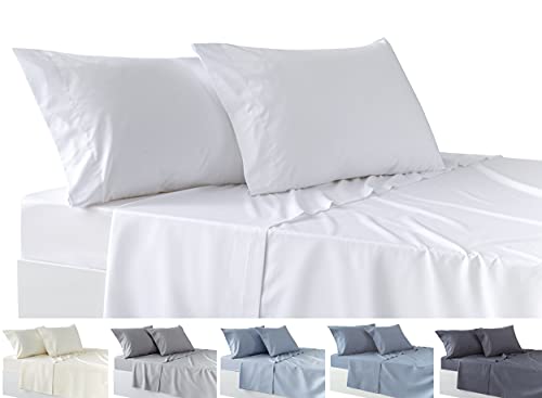 Todocama 4-teiliges Bettwäsche-Set, Spannbettlaken, Bettlaken, 2 Kissenbezüge, 50 x 80 cm, für Bett 200-200 x 190/200 cm, Weiß von Todocama