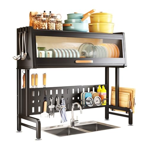 Over The Sink Dish Drying Rack mit Abdeckung Einstellbare Länge 23.2"-33", 3-stufiger Großer Küchentresen Shlef mit Utensilienhalter, Schneidebretthalter (Color : Schwarz) von ToeWoe