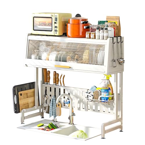 Over The Sink Dish Drying Rack mit Abdeckung Einstellbare Länge 23.2"-33", 3-stufiger Großer Küchentresen Shlef mit Utensilienhalter, Schneidebretthalter (Color : White) von ToeWoe