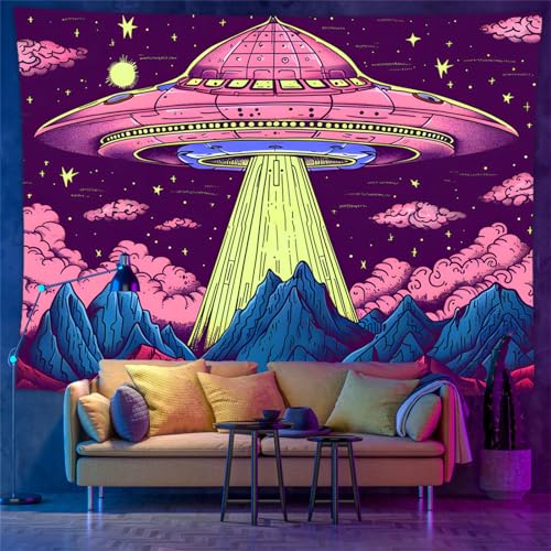 ToeWoe Blacklight Spaceships Wandteppich Alien Universe Wandteppich UV Reaktive Berge Sternenhimmel Wandteppich Neon Galaxy Space Wandbehang für Schlafzimmer(Color:Style1,Size:180 * 230cm) von ToeWoe