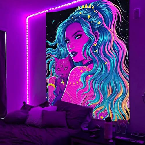ToeWoe Schwarzlicht Cool Girl Wandteppich UV Reaktiv Wandbehang Anime Wandteppiche Glühen im Dunkeln für Schlafzimmer Ästhetische Raumgestaltung(Style9,95 * 73cm) von ToeWoe