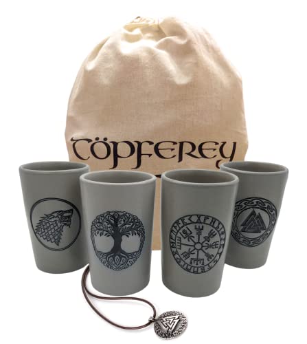 Töpferey Becher Set Wikinger - Tonbecher mit Gravur, Mittelalter Kaffeebecher, Ceramic Mug Set Viking, Grau, 5-teiliges Set von Töpferey