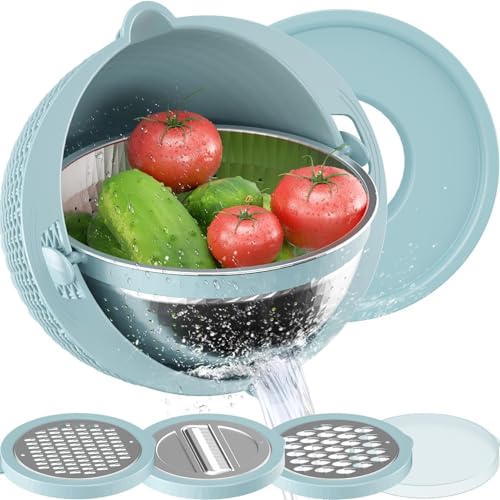 4-1 Colander with Mixing Bowl Set, Edelstahl Siegern und Colanders 3 Multifunktion Einsätzen, Salatschleuder Nudelsieb Küchenhobel Hobel Gemüse Gemüseschneider für Kartoffel Karotte Frucht (Blau) von Toerjii