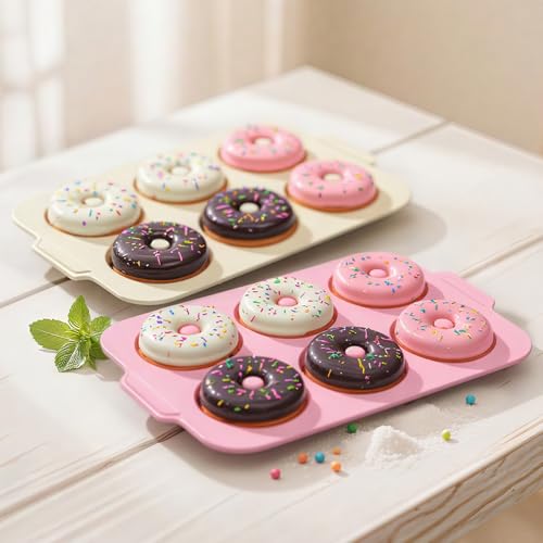 Toeusog 2-Stück Silikon Donuts Backform: Donut Form Groß 6 Hohlräume mit Metallrahmen - Antihaft Donutform Bagel Backen - Antihaft Donutblech Backzubehör zum Kindergeburtstage (Rosa & Beige) von Toeusog
