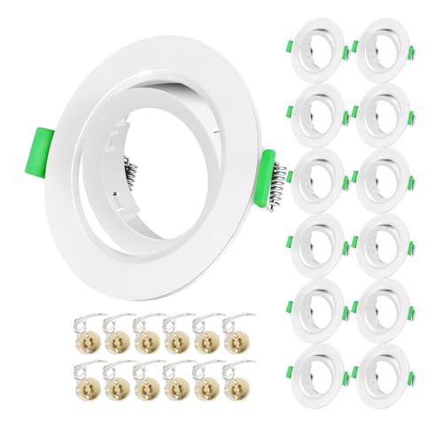 Tofisr 12er Einbaustrahler GU10 Set, Spot Einbaurahmen Rund Matt Weiß, inkl. GU10 Fassung, Lochdurchmesser 68mm-80mm, 30° Schwenkbar Einbauspots Rahmen für LED oder Halogen(50mm-Lampen), 12 Stück von Tofisr