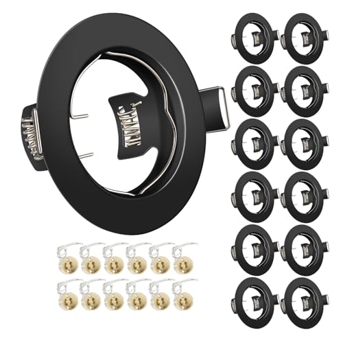 Tofisr Einbaustrahler GU10 Set, Spot Einbaurahmen Rund Matt Schwarz, Lochdurchmesser 55mm-70mm, Inkl. GU10 Fassung für LED oder Halogen(50mm-Lampen), 12 Stück von Tofisr