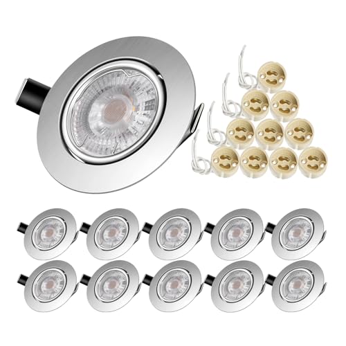 Tofisr LED Einbaustrahler, 5W 600LM Kaltweiß 6000K, LED Spots 230V GU10, 30° Schwenkbar, Ø68 mm Lochbohrung, Ø90mm Rund Metall Matt-Nickel, 10er Set LED Einbauleuchten von Tofisr