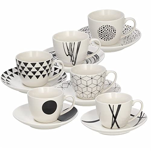 Tognana 6er Set Espressotasse mit Untertasse Graphic aus der Serie Metropolis, Weiss-schwarz, 80 ml Volumen/Tasse, modernes Design, aus Porzellan von Tognana